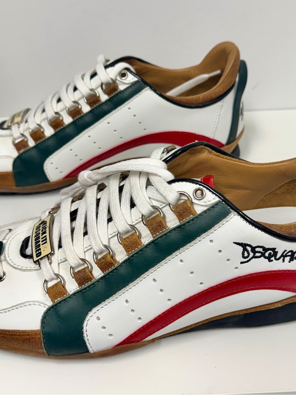 DSQUARED2 White Leather Sneakers with Green & Red Accents and Tan Interior NWT